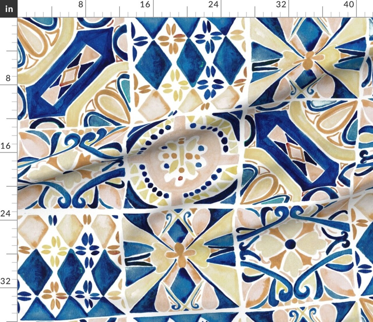 Blue Geometric Watercolor Painting Italy Rustic Tuscany Mediterranean Watercolour Italian Villa Tiles Large Scale Custom Printed Fabric by Spoonflower Various Fabrics by the Yard or Fat Quarter